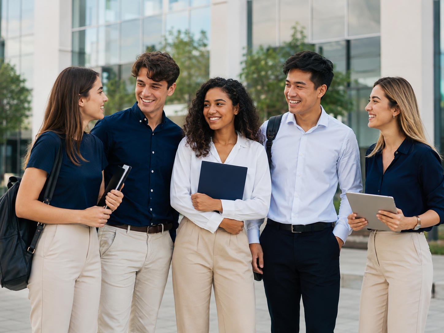 Grupo de jovens estagiários em frente a empresa moderna